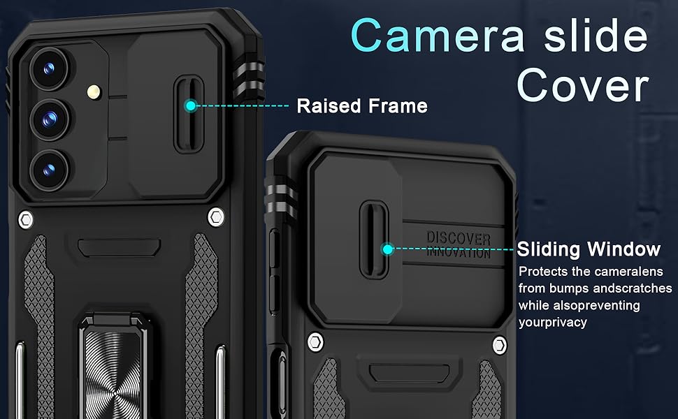 Case for Samsung Galaxy A16 5G with Slide Camera Cover+Screen Protector (1 Pack), Rotated Ring Kickstand Military Grade Shockproof Protective Cover-Black