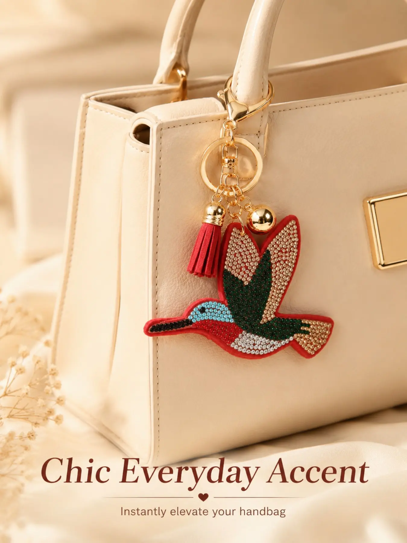 New Rhinestone Bird Pattern Women's Bag Charm, Velvet Embroidered Rhinestones, Fashion Fringe with Ball Keychain