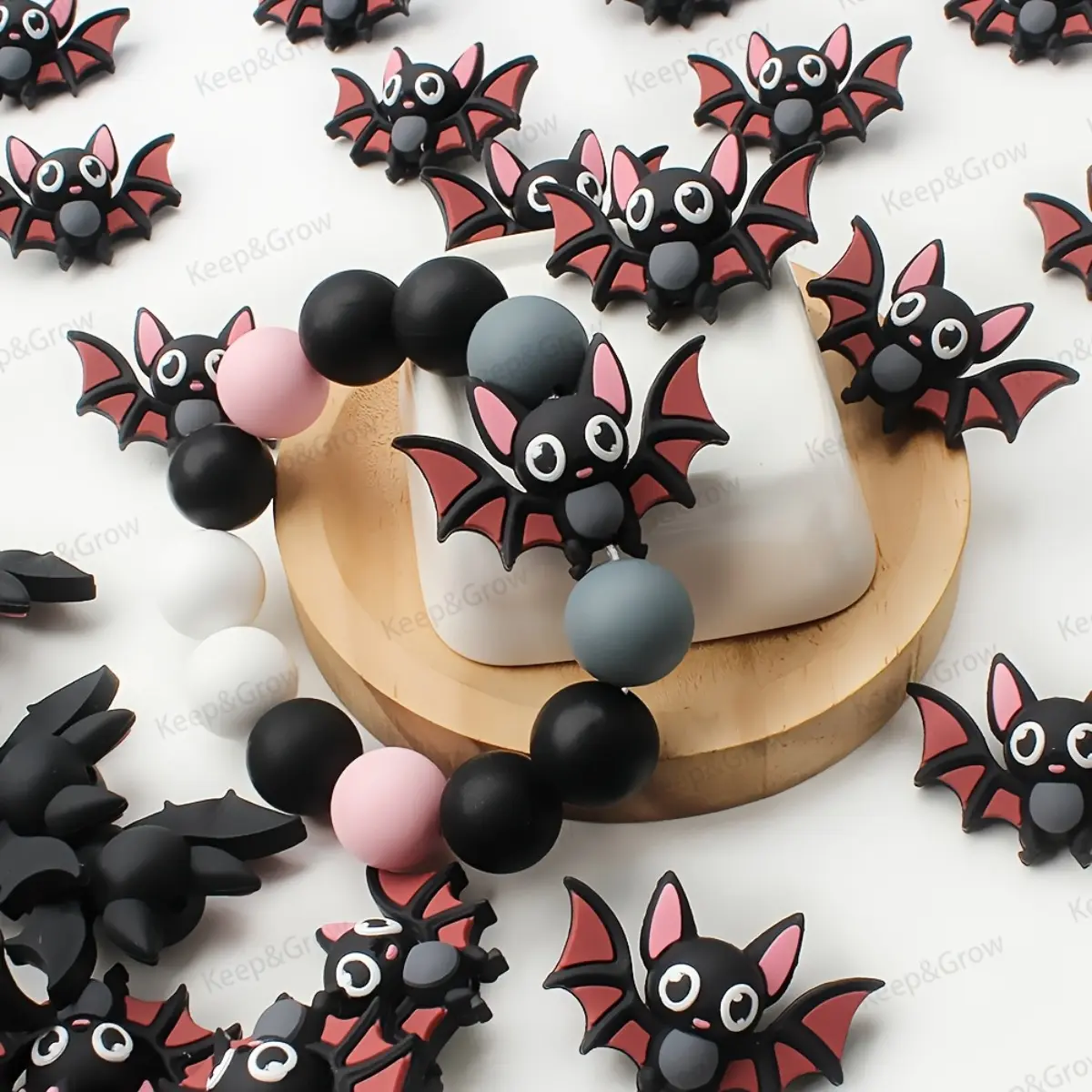 Pink Bubble Bat 3D Silicone Beads Set of 8 - Cute Pastel Gothic Halloween Theme Focal Beads - Ideal Loose Spacer Beads for DIY Beadable Pens, Keychains and Bracelet Making - Sleek Whimsical Craft Accent