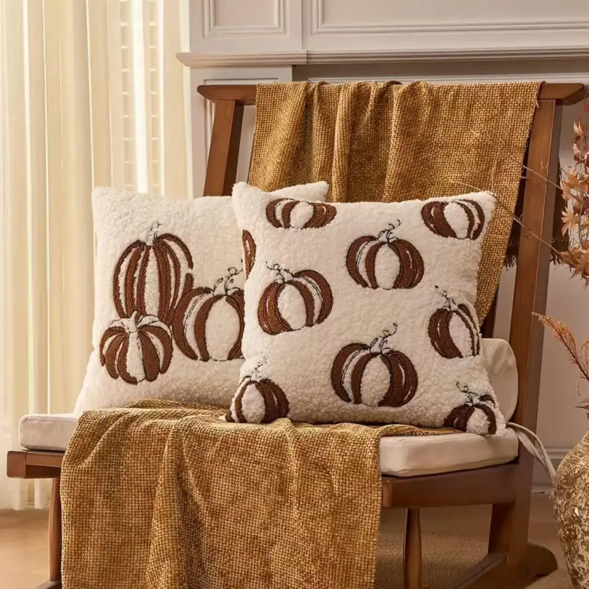 Pumpkin Maple Leaf Embroidered Plush Pillow Cover, Halloween Thanksgiving Fall Festival Decor, 45x45cm, No Stuffing, Home Living Room Bedroom Decoration