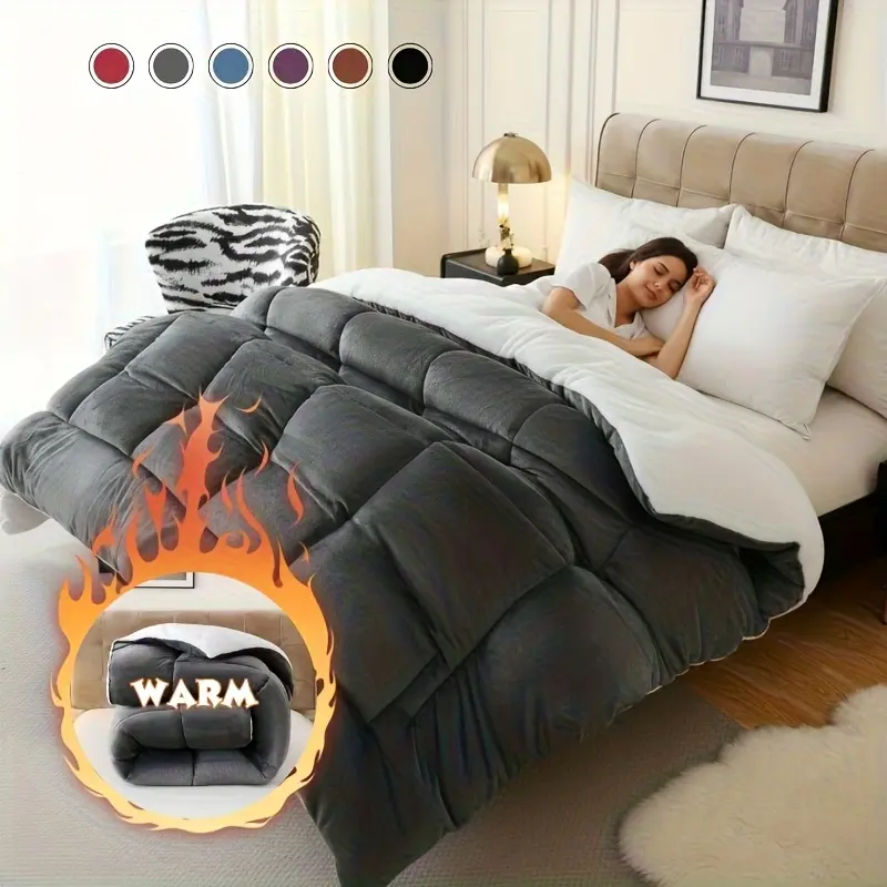 1pc Thick Soft Plush Flannel Sherpa Comforter, 500g Filling Ultra Breathable All Season Double-Sided Box Stitch Solid Color Bedding, Warm for Autumn & Winter, Ideal for Bedroom Gift Home Decor