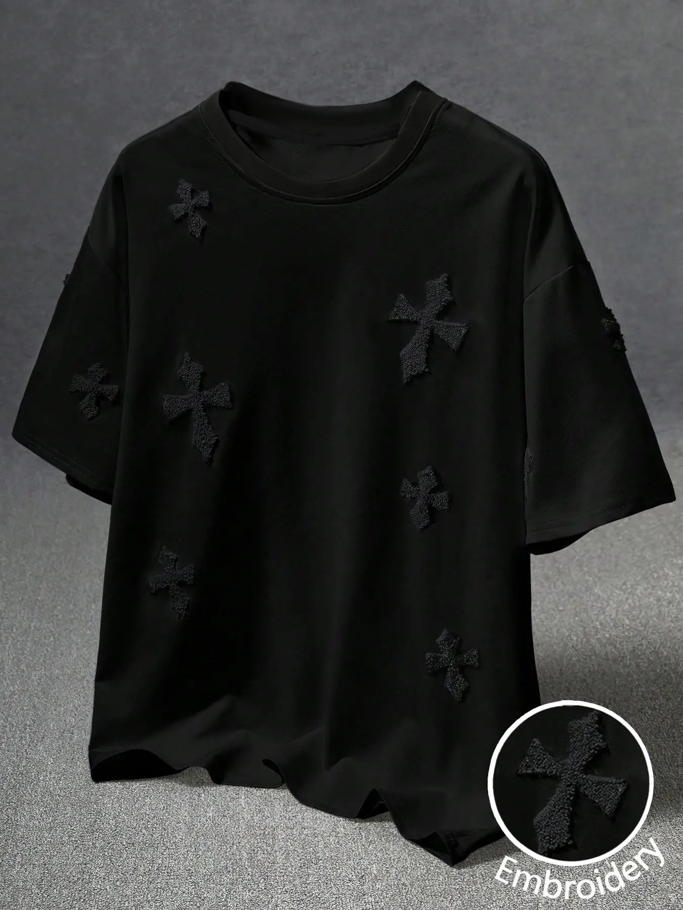 Unisex Streetwear Vintage Cross Embroidery Round Neck Short Sleeve T-Shirt, Casual Fitted Streetwear, Menswear Casual Fashion Graphic Tee, a TikTok viral street style top, suitable for streetwear, Y2K outfits, everyday wear, Apparel T Shirt