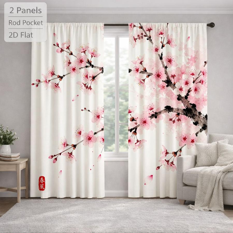 2 Pcs Japanese Style Cherry Blossom Pattern Sun Blocking Curtains Digital Printed Rod Pocket for Bedroom Office Kitchen Living Room Study Home Decor