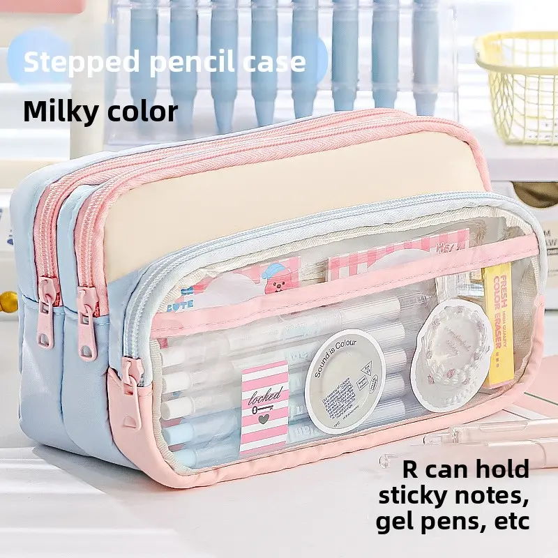 Aesthetic Japanese Style Color Block Pencil Case, Large Capacity Double-Layer Clear Window Stationery Pouch, Multi Compartment Portable Pen Bag, Trendy Desk Organizer for School Students & Office Daily Use