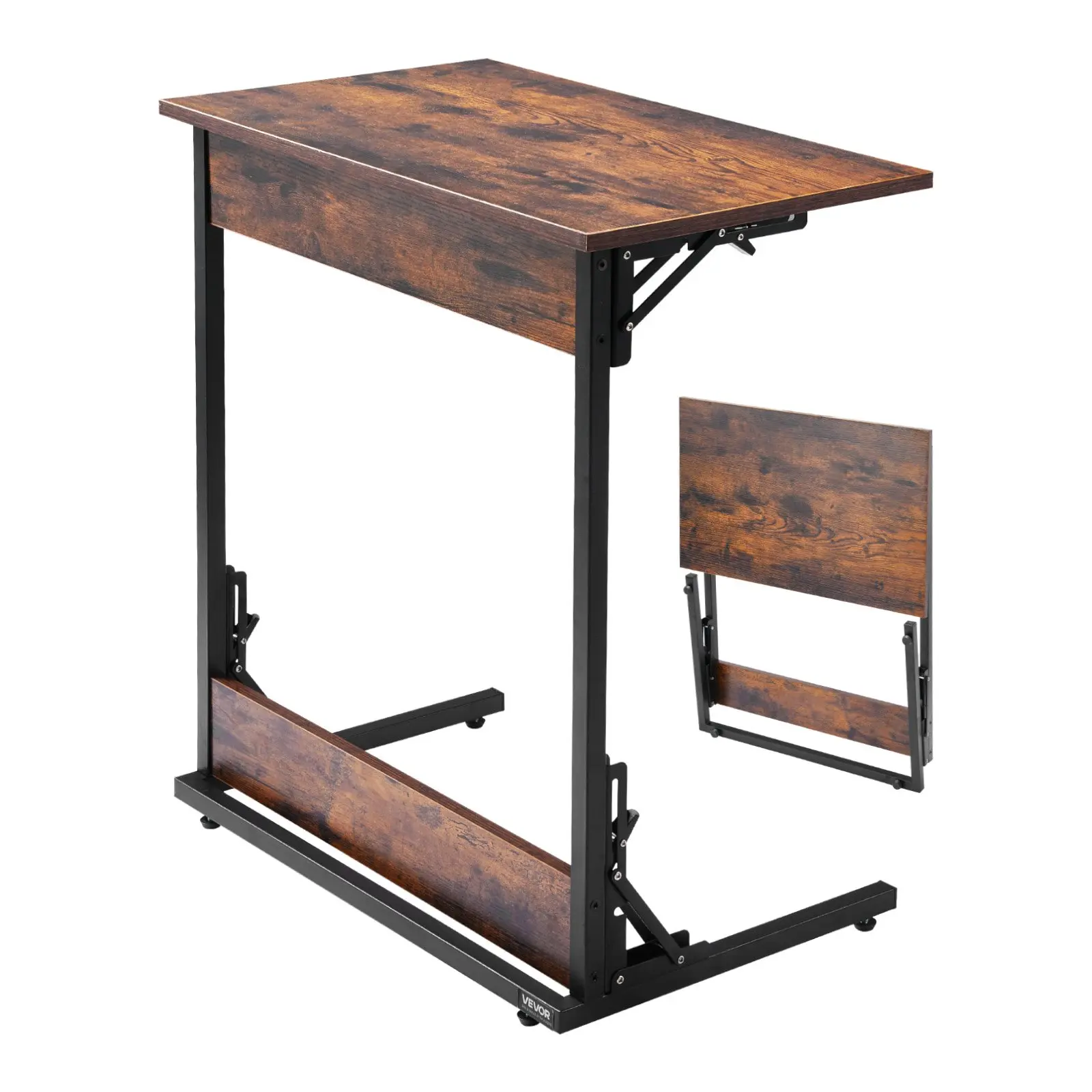 【toolupgrade】VEVOR C Table, Folding C Shaped End Table with Metal Frame Adjustable Feet, Foldable C Shaped Side Table for Living Room Bedroom Office, 23.62x 14.57x 27.56 inch C Shaped TV Tray, Brown and Black