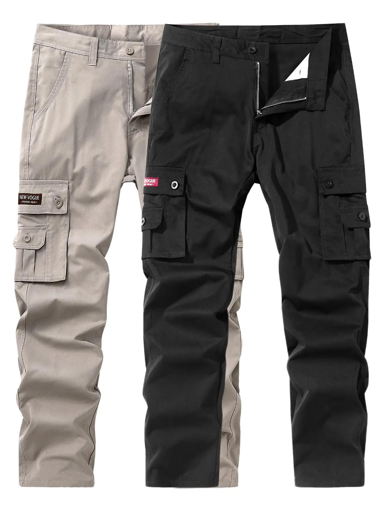 Men's Solid Color Patched Zipper Fly Cargo Pants, Regular Fit Casual Button Multi-pocket Straight Leg Trousers for Wear, Trendy Style Pants for Men, Menswear, Casual Streetwear Trousers, Casual Fit Bottoms, Casual Minimalist Trousers, Casual Slant Pocket