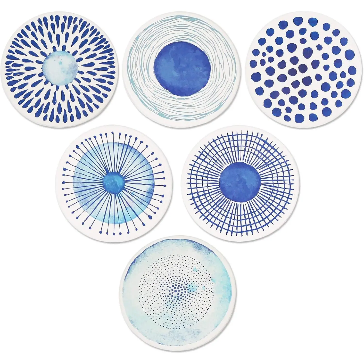 Set of 6 Coasters for Drinks Absorbing Round Ceramic Stone Coaster with Cork Base,Tabletop Protection Mat for Mugs and Cups,Office,Kitchen (Blue Watercolor Series)