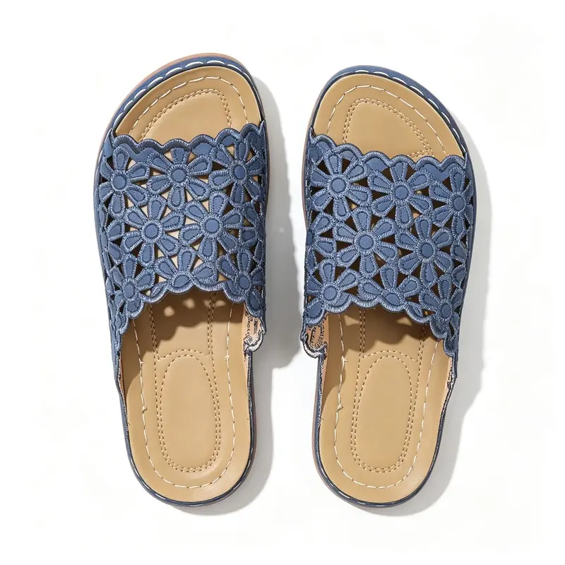 Women's Plus Size Slide Sandals with Hollow Flower Cutouts, Casual PU Leather Open Toed Mules, Low Heel Non-Slip Rubber Sole, Open Toed Sandals, Pu & Rubber