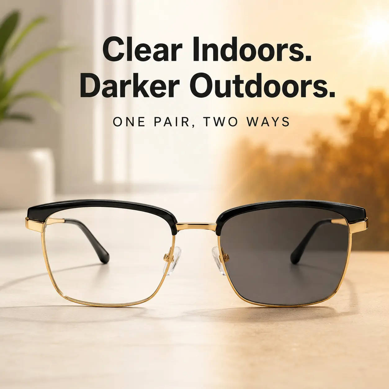 Unisex Photochromic Blue Light Glasses, Retro Black Gold Semi Rimless Eyewear with Light-Adapting Clear to Dark Lenses, Lightweight Glasses for Daily Wear