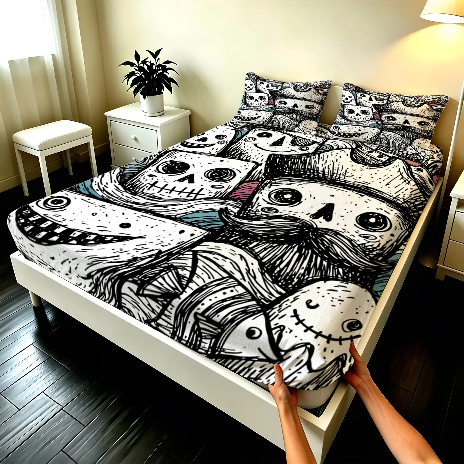 3pcs Fitted sheet Viral TikTok Gothic Skull Sketch Print Soft Microfiber Bedding Set Wrinkle Resistant Fade Proof Breathable for Bedroom Home Hotel Twin Full Queen King Size