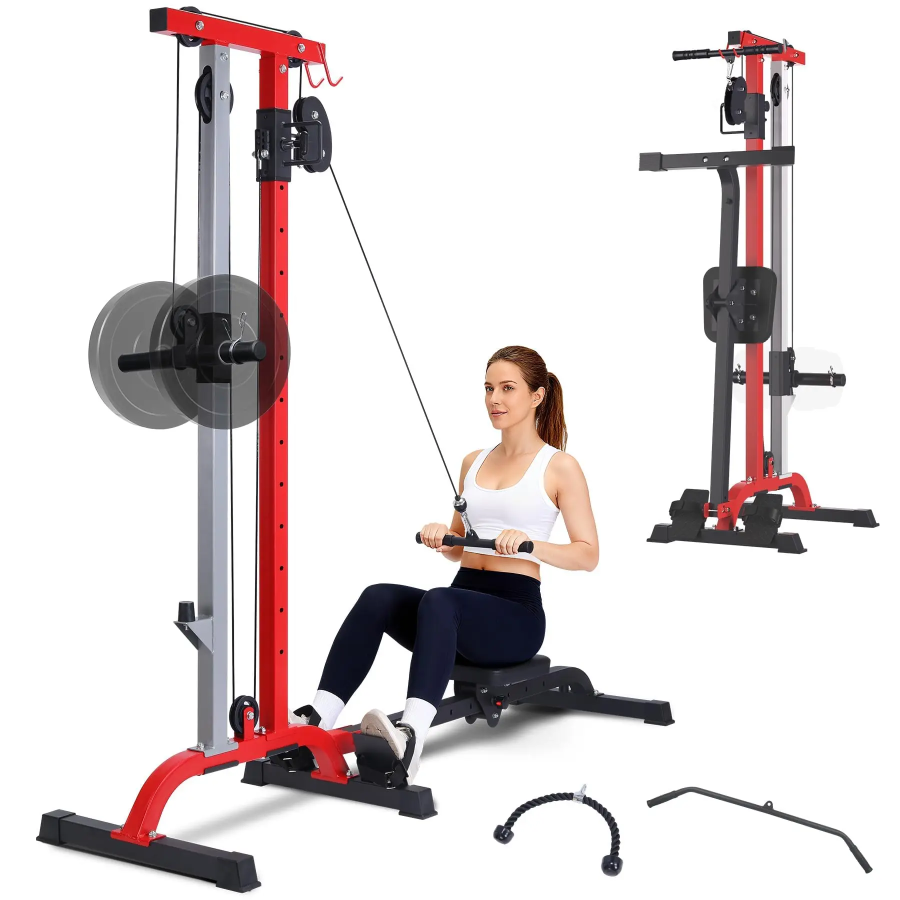 Multi-Function Rowing & Cable Machine, 2 in 1 LAT Pull Down Machine for Home Gym, Adjustable Weight and Seat, High and Low Pulley Station, LAT Bar and Cable Bar Compact Rowing Machine, Black&Red