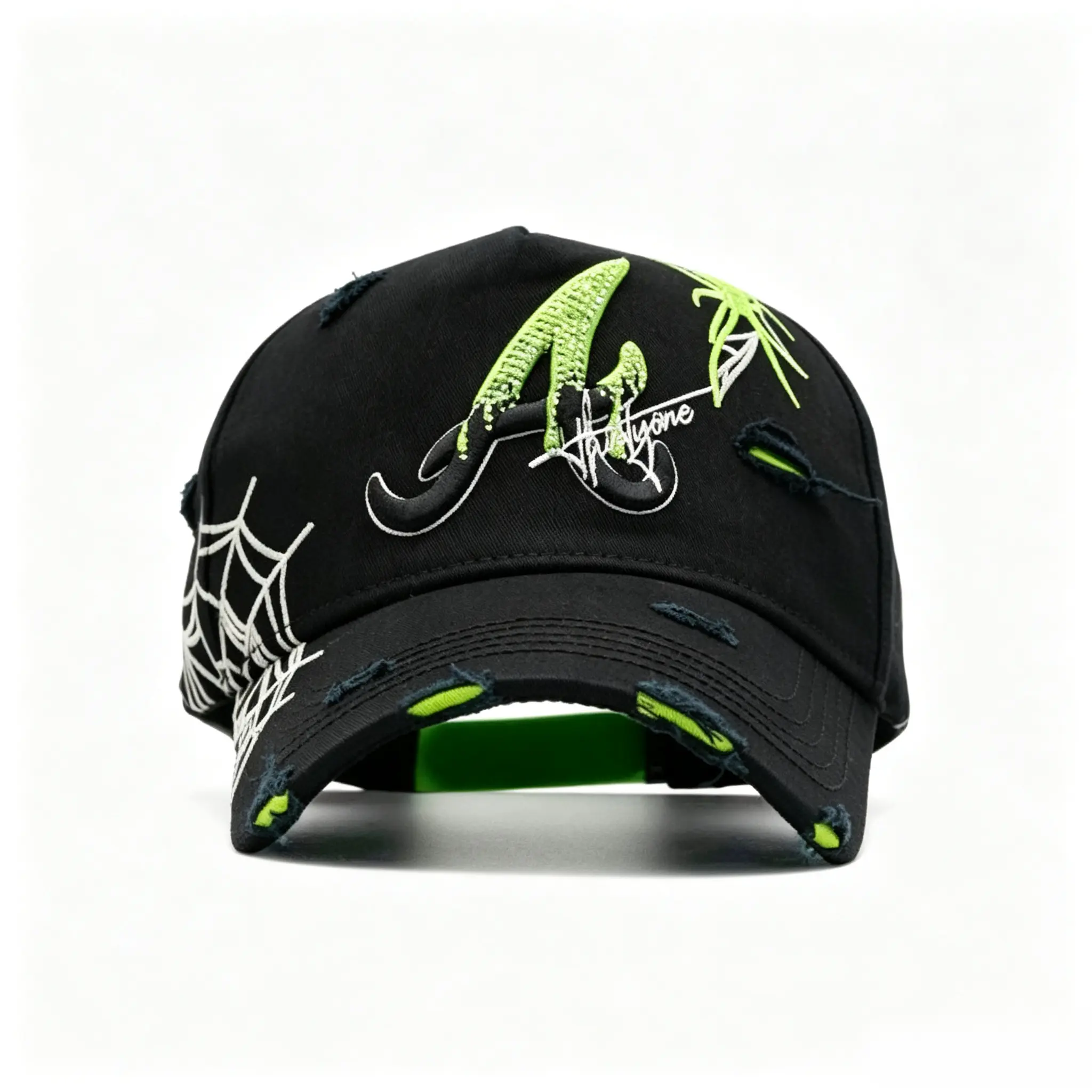 Men Women Hip Hop Ripped Baseball Cap |   Y2K Rhinestone Spider Web Neon Green Adjustable Trucker Hat