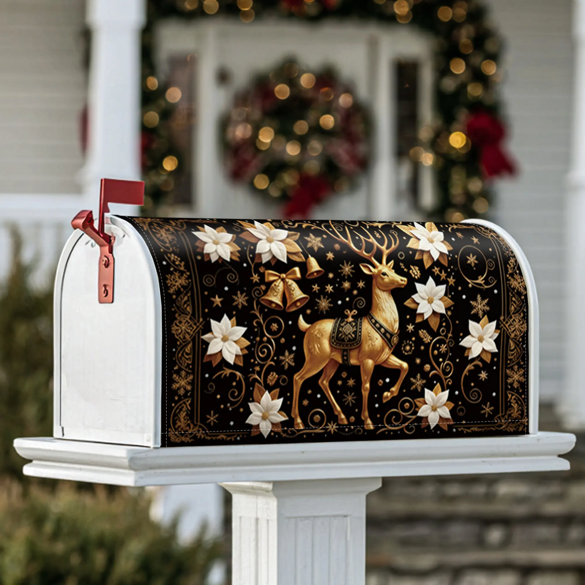 reindeer Magnetic Mailbox Covers, Christmas festive bells flowers Christmas gold Decorative Mailbox Cover for Garden Patio Decor