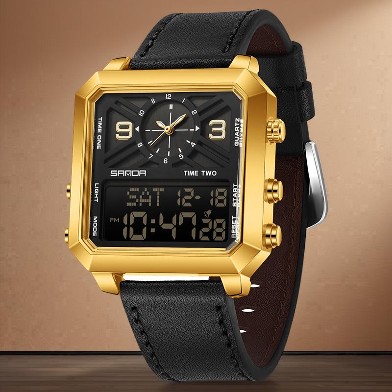 Men's square multifunctional dual screen watch with 3 time zones, stopwatch, alarm clock, countdown and other functions, 30MW waterproof and night light, multiple styles suitable for sports, business and daily wear