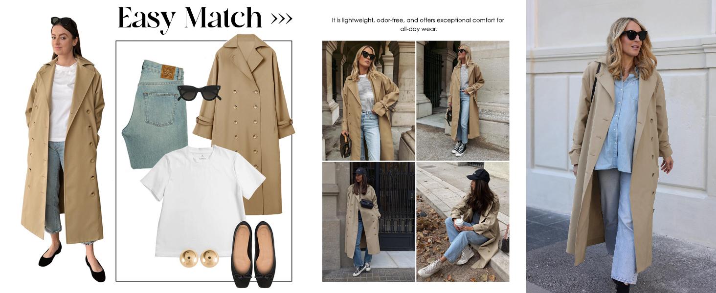 Womens Long Trench Coat Oversized Double Breasted Windproof Classic Lapel Casual Fall Overcoat Tops Womenswear