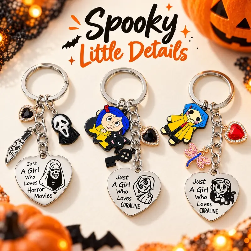 Ghostface Scream Keychain, Just A Girl Who Loves Horror Movies Heart Pendant Key Ring, Halloween Horror Movie Charm Keychain Gift for Horror Fans