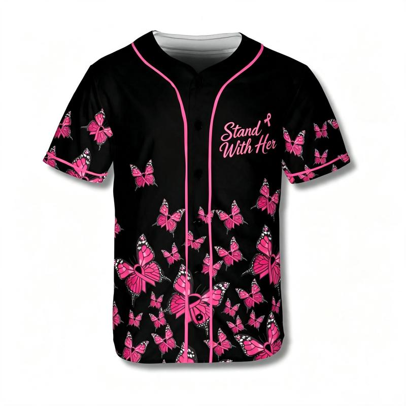 Black Baseball Jersey With Pink Butterflies And Stand With Her Text For Breast Cancer Awareness Game Or Casual Wear