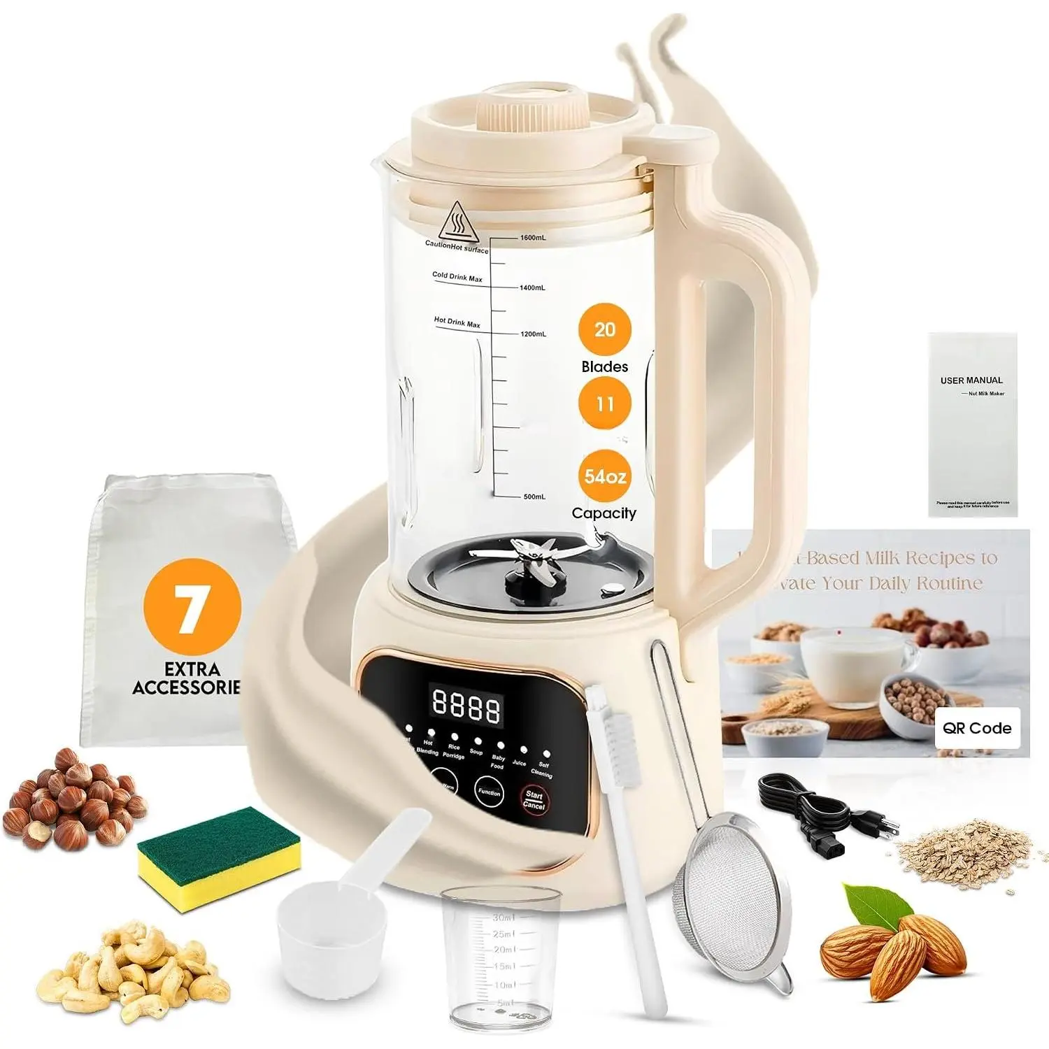 Nut Milk Maker Machine, 54oz, 11-in-1, 7 Extra Accessories, Oat & Soy Milk Maker with 20 , Soybean Milk Maker, Almond Milk Maker, Soymilk Machine Maker, Nutmilk Maker Machine