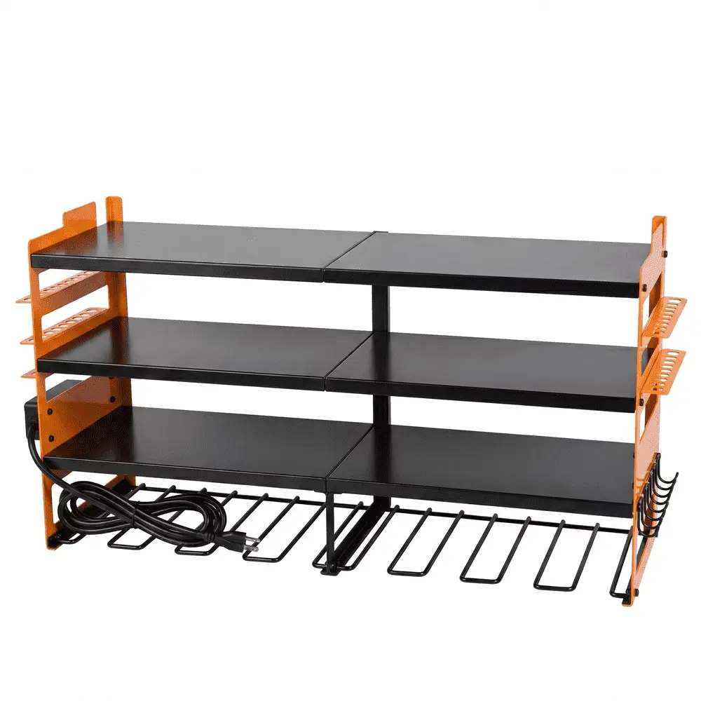 Heavy Duty Wall Mount Power Tool Organizer, 4 Tier Metal Garage Storage Rack with Charging Station, Holds 600lbs, 8 Cordless Drill Holders and Battery Shelf