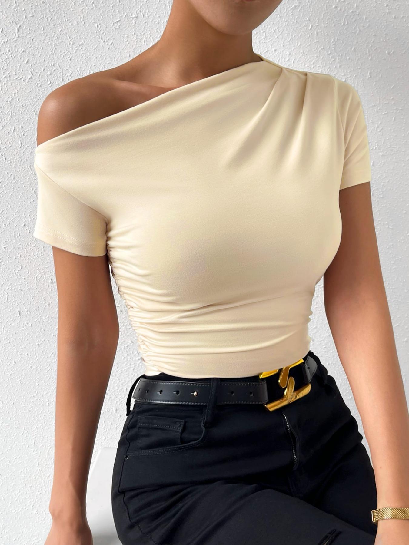 Women's Plain Ruched Asymmetrical Neck Tee, Casual Basic Short Sleeve T-shirt for Summer, Ladies Clothes for Daily Wear, Womenswear Tops