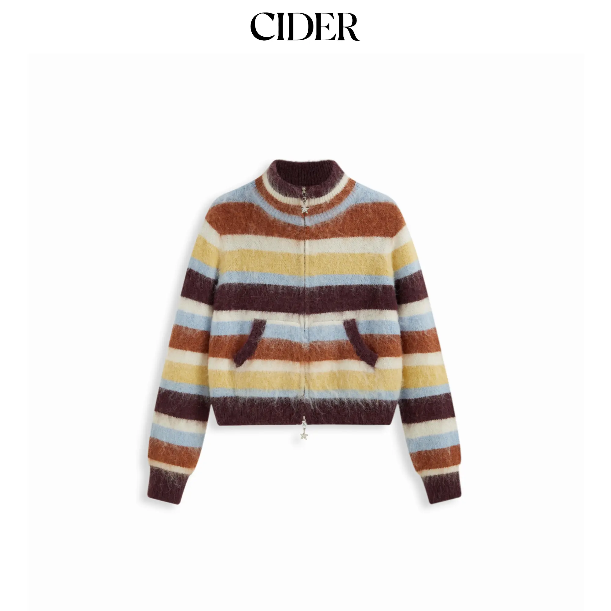 Cider Knit Mohair-blend Stand Collar Striped Zip Through Cardigan SohoChic Cider Knit Mohair-blend Stand Collar Striped Zip Through Cardigan SohoChic