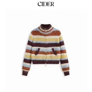 Cider Knit Mohair-blend Stand Collar Striped Zip Through Cardigan SummerFinds