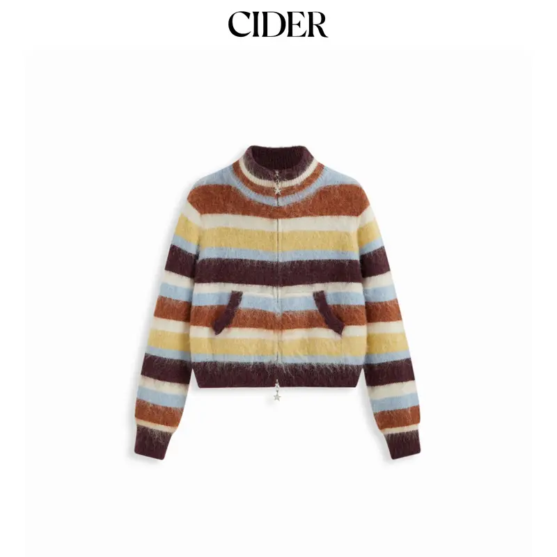 Cider Knit Mohair-blend Stand Collar Striped Zip Through Cardigan
