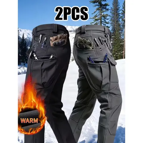 Men's heavy lined winter work pants, 2-piece set. Thick, windproof and warm tactical work pants with multiple pockets and straight fit; suitable for hunting, camping, hiking and outdoor activities. SpringStatement.