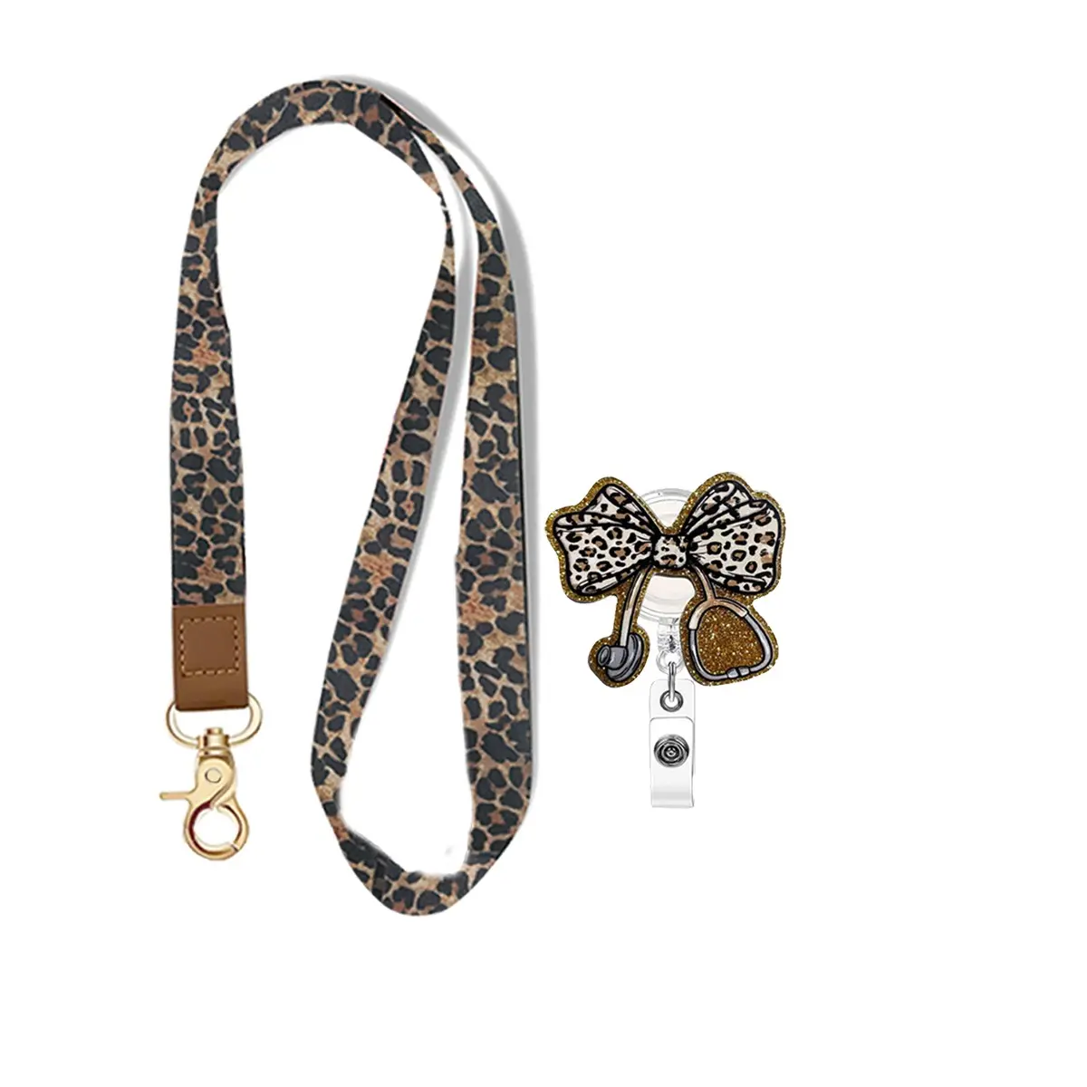 Leopard Print Bow ID Badge Clip with Lanyard, Rotating Keychain, Nurse Work Tag Holder, Nurse Badge Reel, Office Gift for Teachers, Healthcare Workers