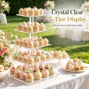 5 Tier Crystal Clear Acrylic Cupcake Display Stand Square Step Dessert Riser Stable Support High Capacity Cake Holder For Wedding Birthday Party Table Decor