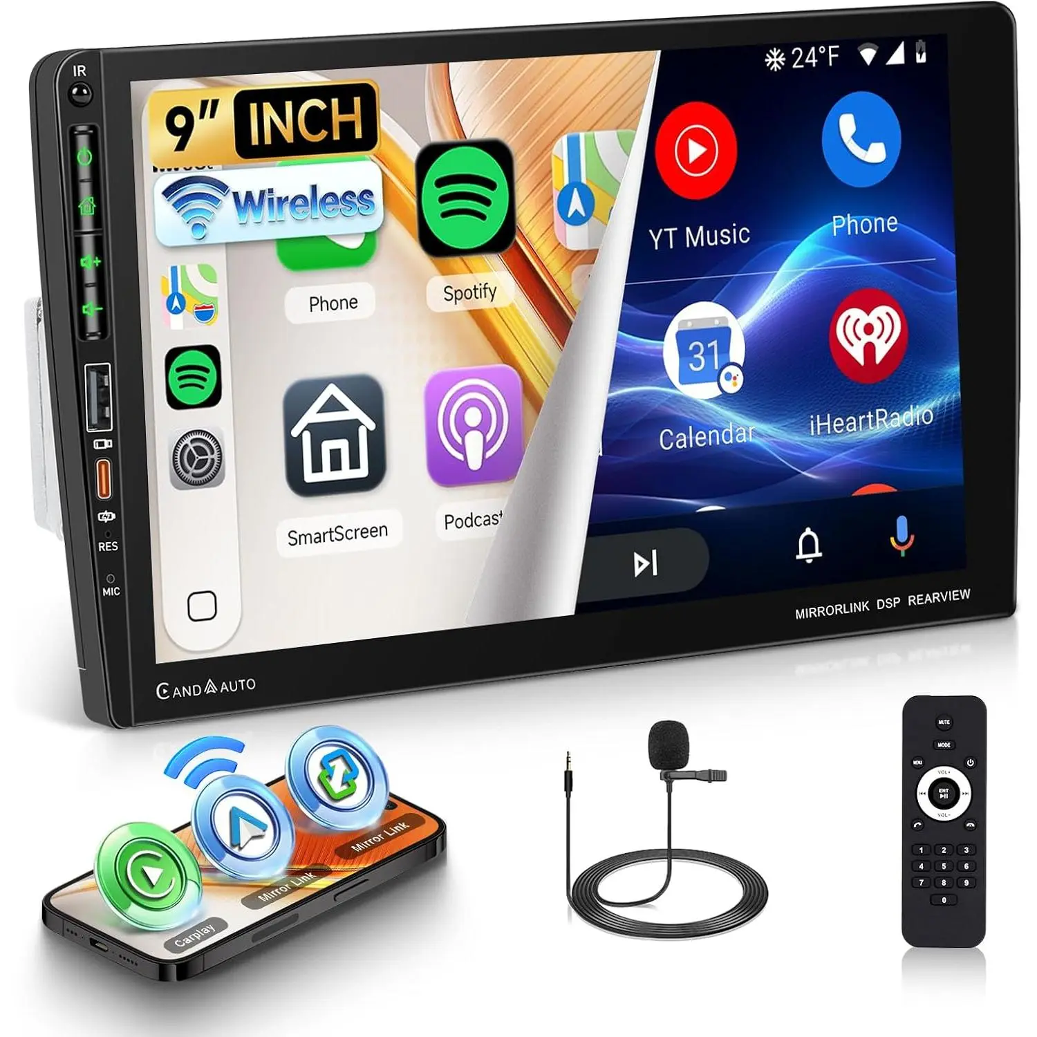 9-inch Single-DIN Wireless CarPlay Screen Car Stereo with DC 12V, Backlit Touchscreen, Android Auto, Bluetooth, MirrorLink, AM/FM/RDS, Steering Wheel Controls, Equalizer, USB Type A, Online Video, Rear View Camera Input