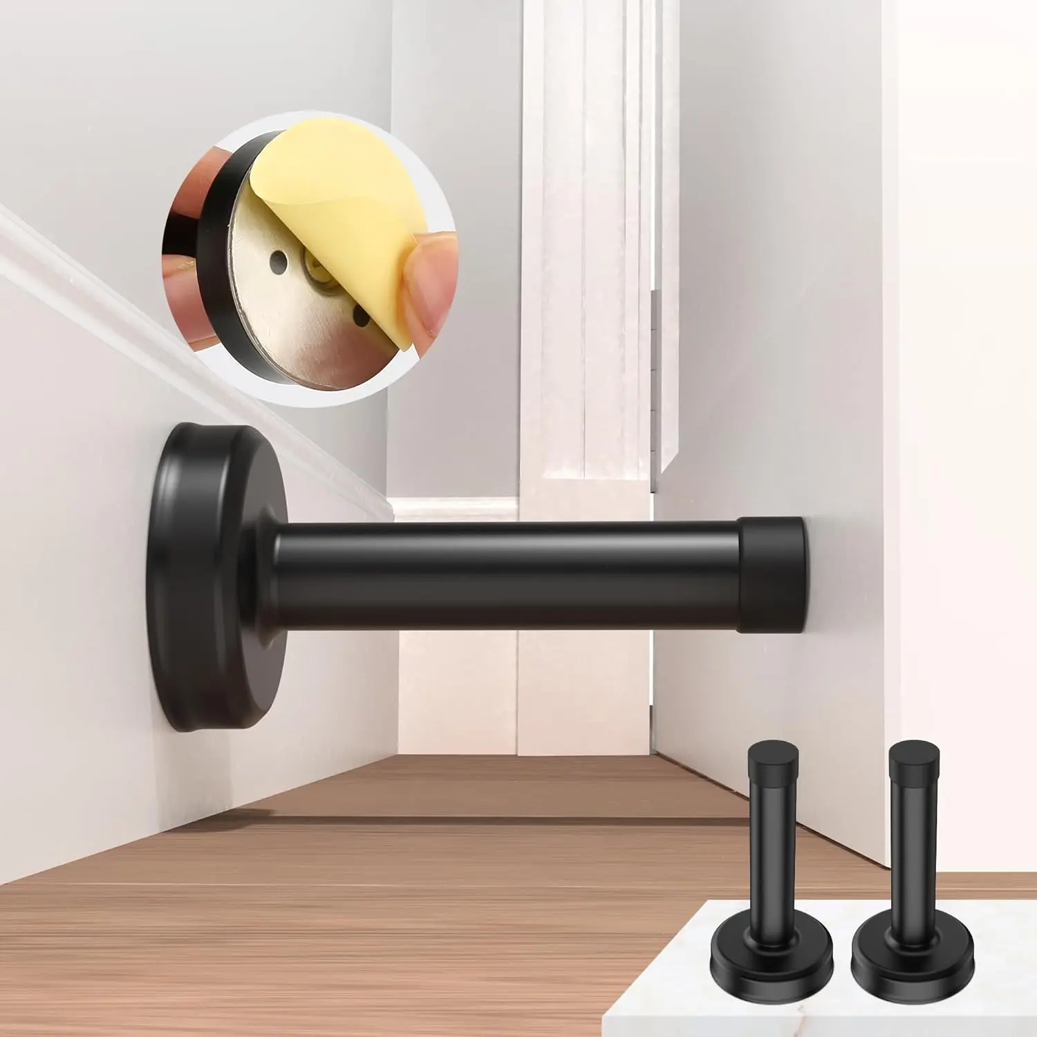 Pack Door Stoppers, No Drilling Wall Protection with Rubber Padded Tip, Sound Dampening Door Stops for Bottom and Top of Door, Black