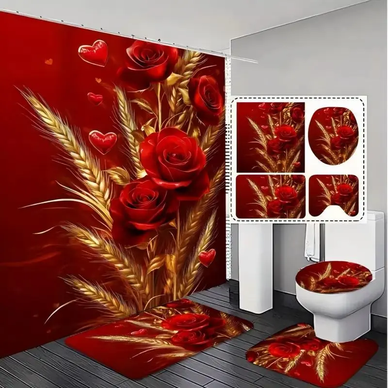 Bathroom Shower Curtain Set - Red Roses & Wheat Ears Design, U-Shaped Mats, Toilet Seat Covers, 12 Hooks, Quick Dry, Machine Washable, Bathroom Decor Ideas