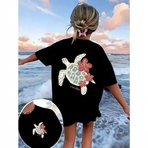 Women's Sea Turtle Hibiscus Graphic Oversized Short-Sleeve Tee, Soft Cotton Crewneck Baggy Casual Loose Fit Top for Beachy Summer Vacation Vibe, Everyday Matching Uniform Sports & Outdoor Shirt