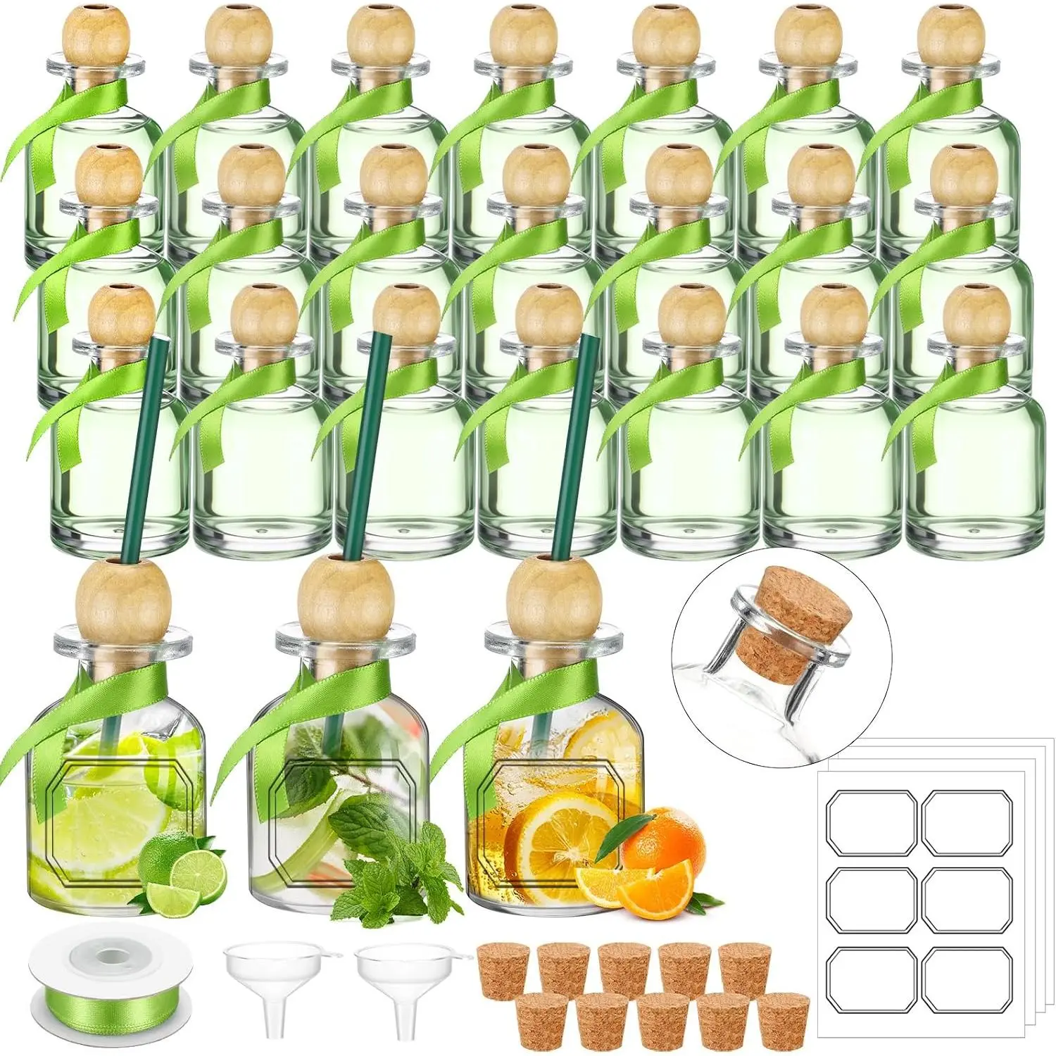 24 count Shot Glasses Bottles with Cork Straw 1. 7 oz Mini Empty  Bottles for Drinks Small  Clear Glass Shot Cups with Silk Ribbon Wedding Party Favors (Green)