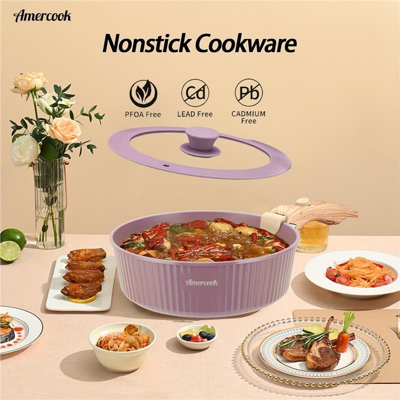 10pc Pots And Pans Set, Amercook Purple, Non-Stick Kitchen Cookware Set With Removable Handles, Aluminum, Dishwasher Oven Safe, Includes, Deep Frying Pan, Skillet, Stock Pot, Silicone Spatula With Lid, PFOA-Free, Works With All Kitchen