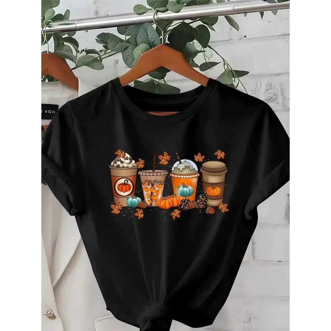 Women's Cotton Breathable Short-Sleeve T-Shirt - Fall Pumpkin Spice Coffee Cups, Autumn Maple Leaf Harvest Graphics, Everyday Casual Bottom-Pairing Top, Shortsleeve