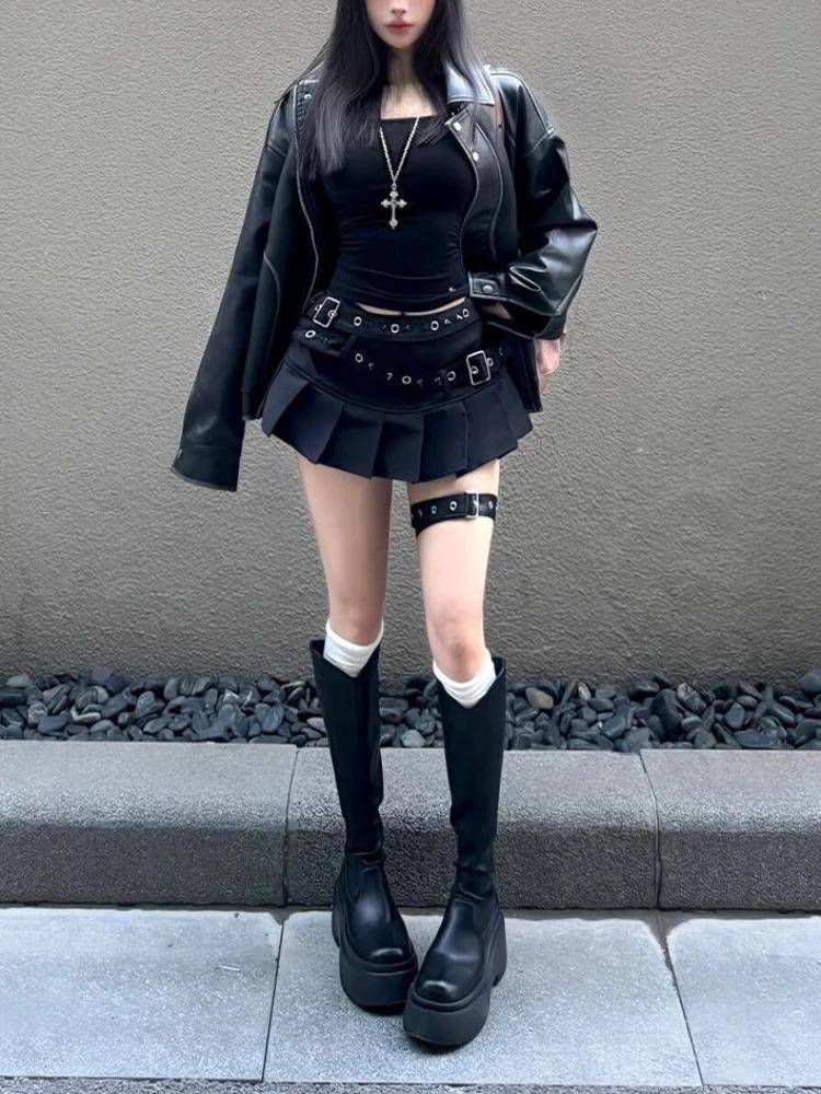 Black High Street Gothic Rivet Mini Skirt Woman Y2K Style Korean Fashion Aesthetic Skirts Elegant Retro A-line Denim Outfit 2026