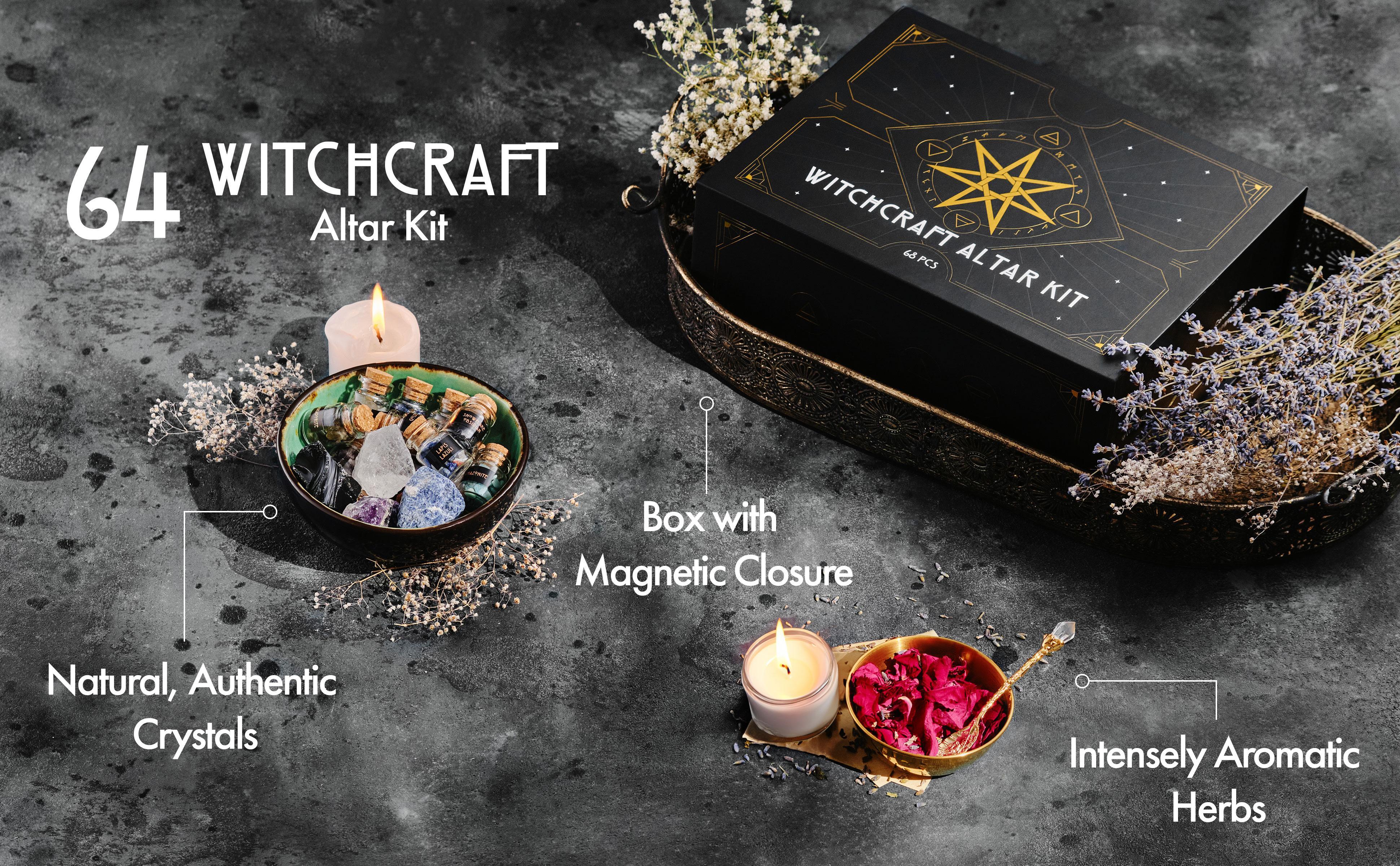 SAGAETR Witchcraft Witch Stuff Spell Kit 54/60/64PCS, Wiccan and Tools, Witchy Include Crystal Candle Amethyst Altar Bowl Witch Bell, Witch Gift Wiccan Starter Kit Altar Pagan Decor