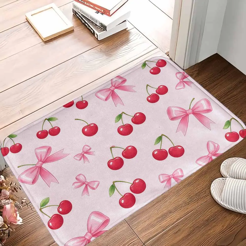 Blush Pink Coquette Bow Knot Cherry Print Non-Slip Polyester Rubber Bath Mat, Soft Washable Home Rug, Preppy Look Room Decor Gift for Teen Girls - summerwins, Wet, Multi-Size