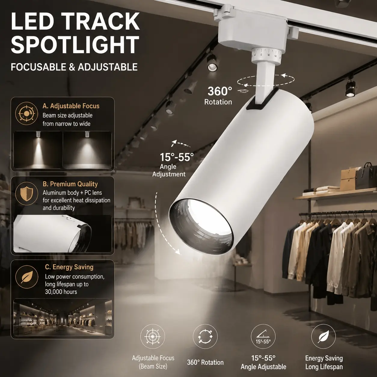 10W Adjustable Zoom Track Light: 360° Rotation & Angle Control for Modern Home Office and Commercial Spaces - Flexible Indoor Lighting Solution