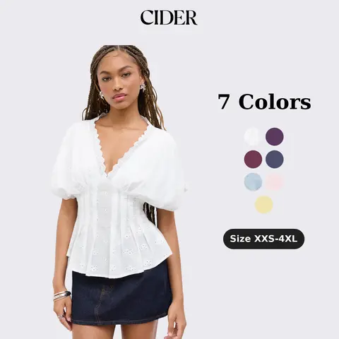 Cider Vintage Broderie Anglaise Blouse for Casual Daily, Elegant Cotton Pleated Tops, Sheer Fabric, Camisole Recommended, Ladies Shirred Shirt, Retro Vacation Outfits, Lady Tops