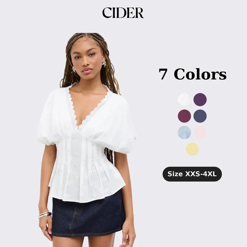 Cider Vintage Broderie Anglaise Blouse for Casual Daily, Elegant Cotton Pleated Tops, Sheer Fabric, Camisole Recommended, Ladies Shirred Shirt, Retro Vacation Outfits, Lady Tops