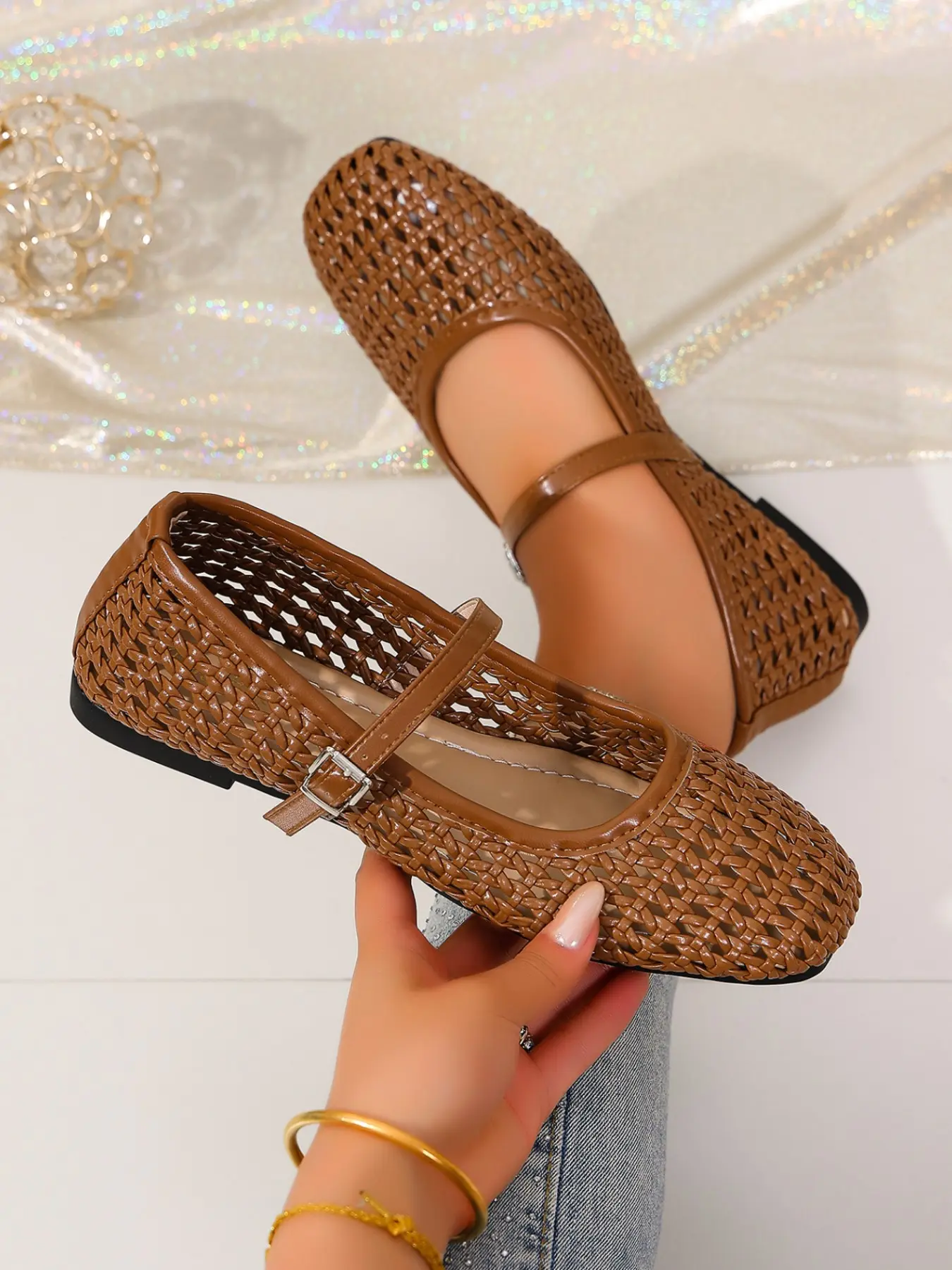 European Union Russian Square Toe Hollow Out Mary Jane Shoes, Spring Summer Low Heel PU Leather Casual Women's Footwear