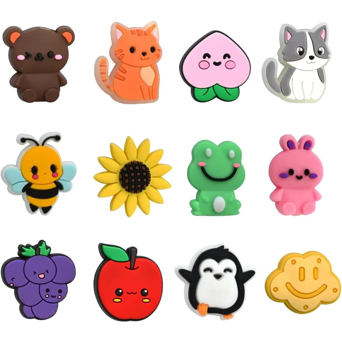 12-Count Synthetic Focal Beads with Animal Faces, Soft Texture Bulk Crafting Supplies for Pens, Fruit Flower Charms for Keychain Making