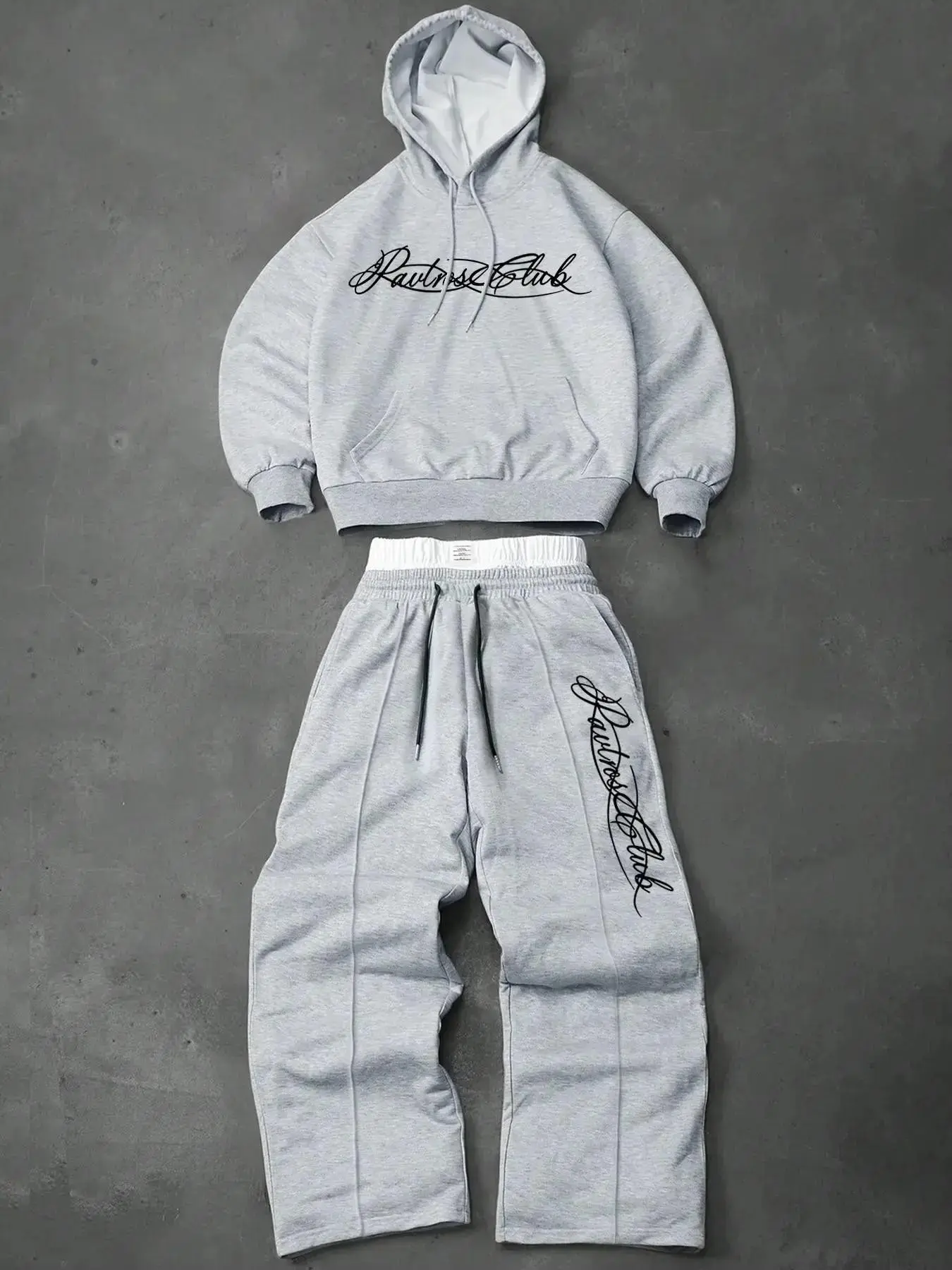 American High Street Handwritten Letter Print Hoodie Set, Loose Fit Wide Leg Pants Two Piece Set, Casual Street Style, Unisex Fall Winter Fashion