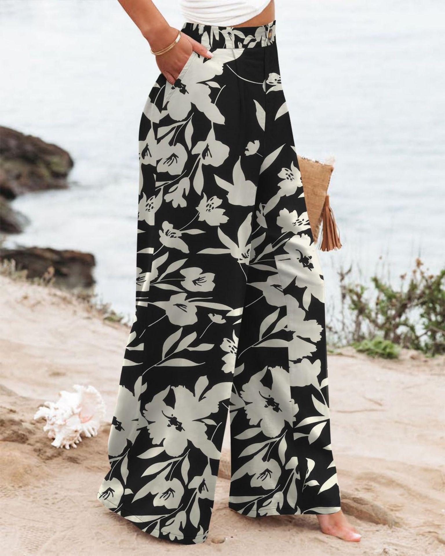 Women's Commuting and Vacation Summer Comfortable High-Waisted Long Pants with Buttons, Elastic Waist, Wide-Leg Casual Straight Pants