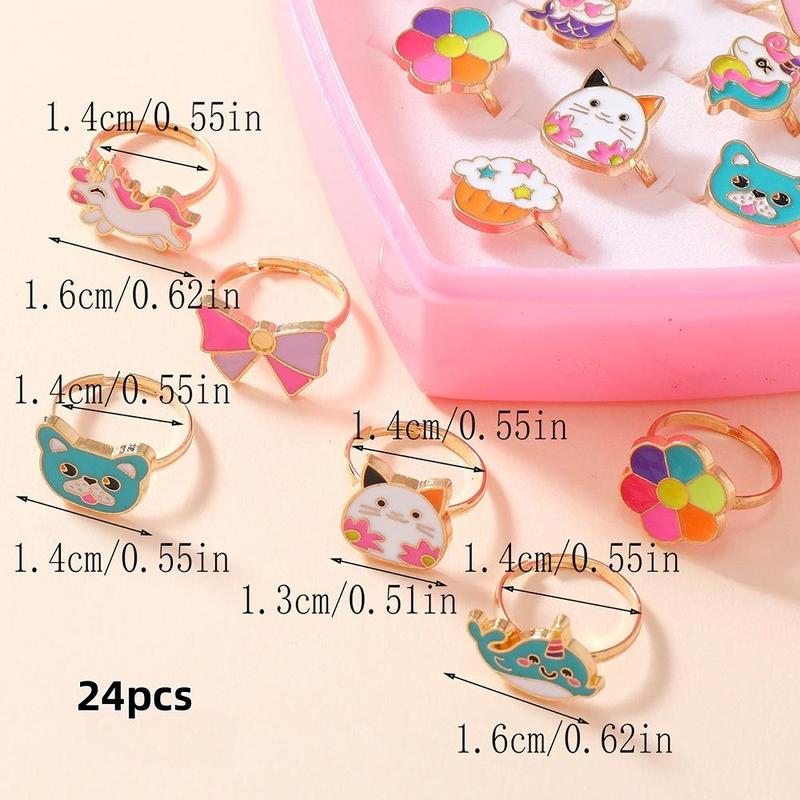 Heart Shaped Gift Box with Ring Set, Stackable Rings, 24pcs/set Cute Colorful Cartoon Design Ring, Party Gift for Girls