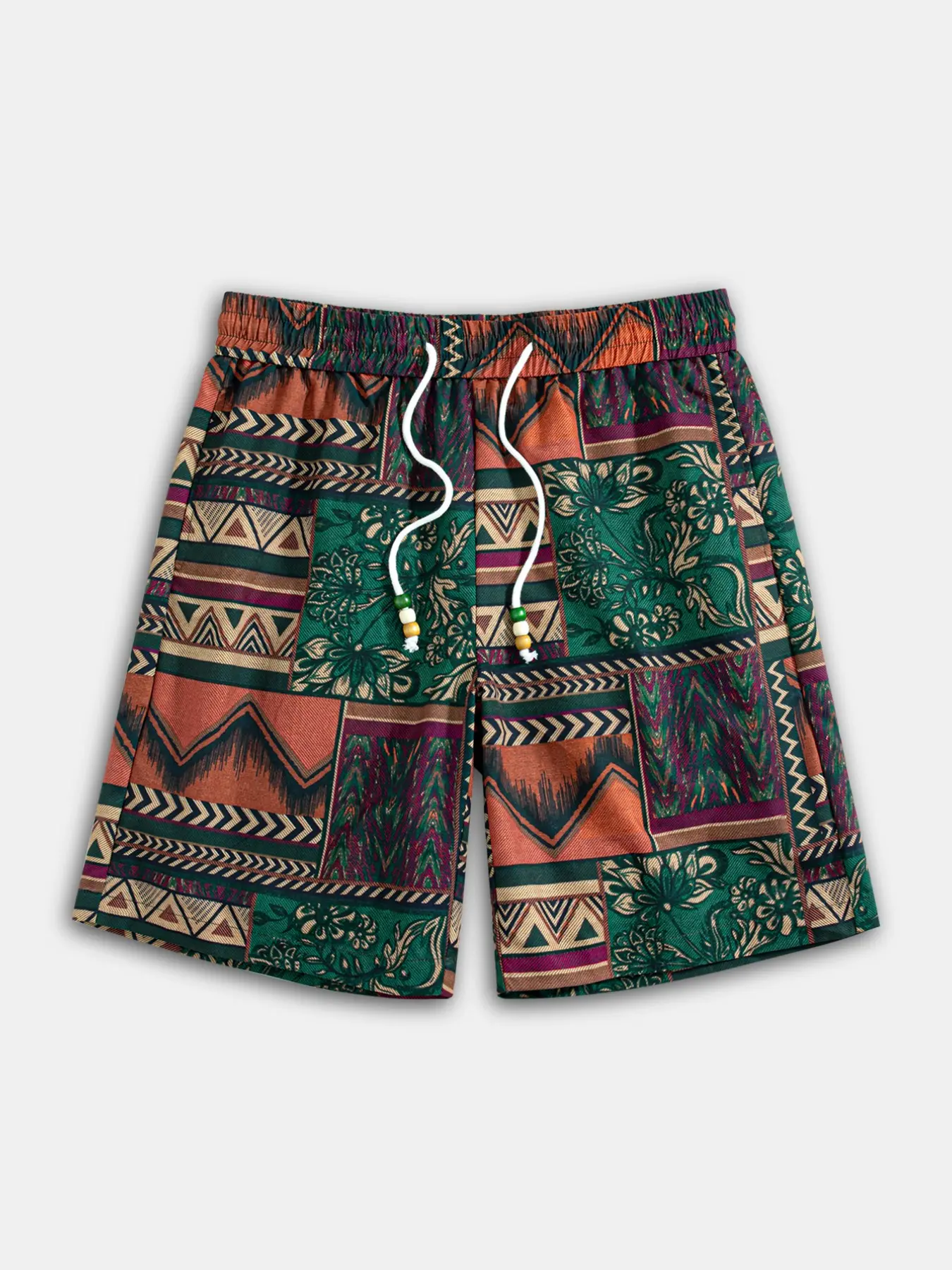 Men's Aztec Floral Patchwork Casual Shorts, Elastic Drawstring Beach Vacation Shorts, Streetwear & Sports, Comfortable and Stylish