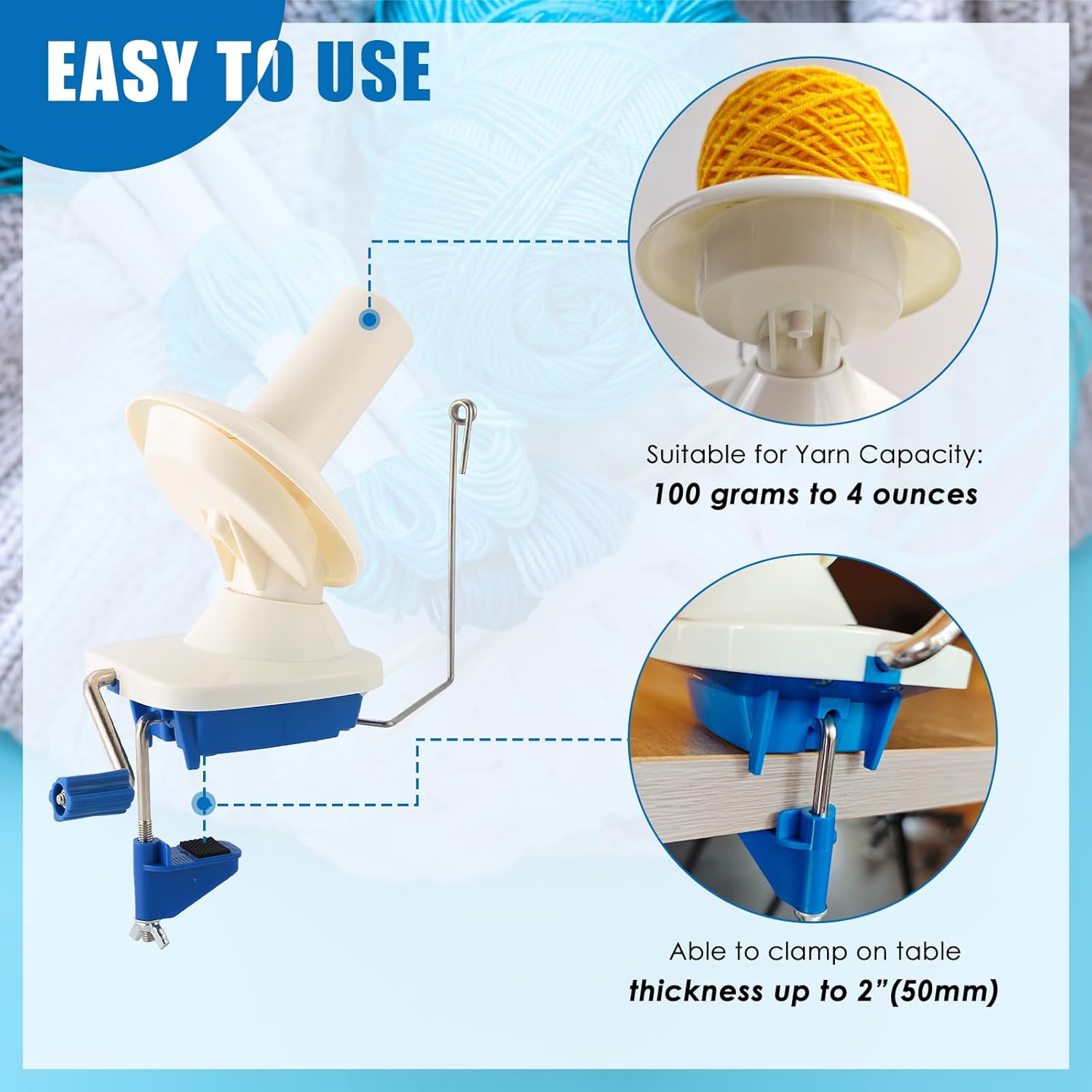 Needlecraft Yarn Ball Winder Hand-Operated, Manual  Yarn Winder Holder for Swift Yarn Fiber String Ball (Blue, White)